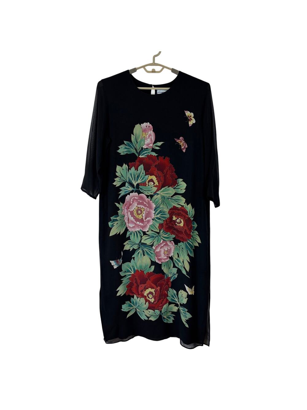 Simply Silk Midi Maxi Dress Black Floral Butterfly Large